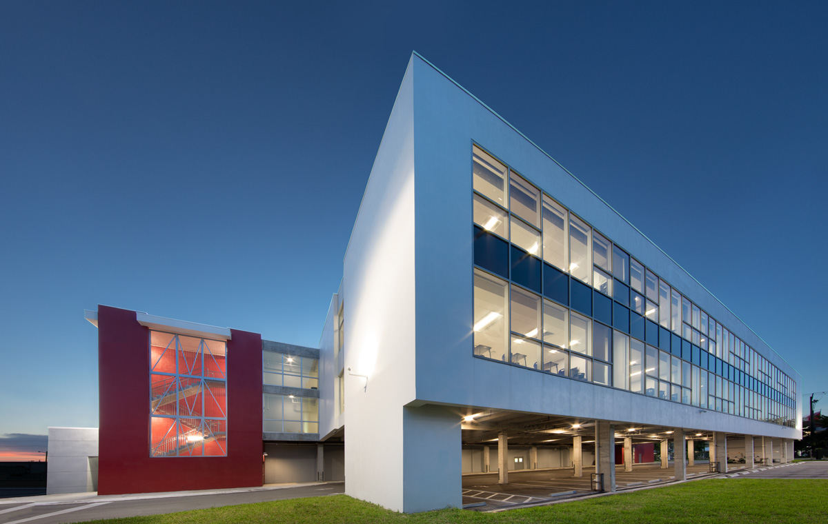 Architectural dusk view of the Mater Academy stem charter high school in Miami, FL